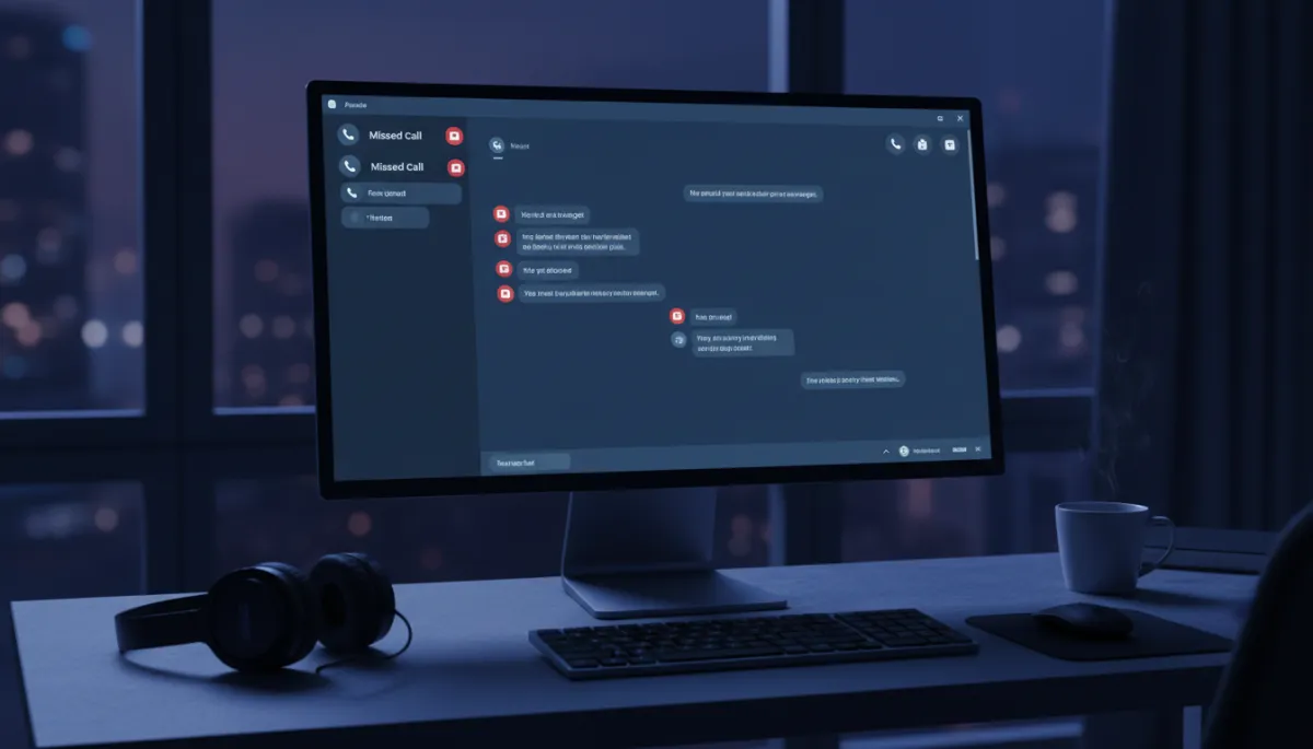 Desk with missed call alerts and automated text responses displayed in a cool-toned office