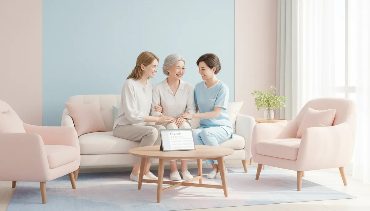 Family meeting with a senior care provider while sharing feedback Family meeting with a senior care provider while sharing feedback