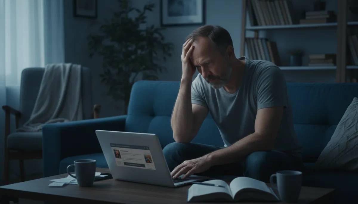 Family caregiver looking overwhelmed while searching for senior care options online