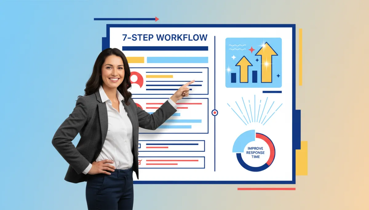 Professional illustration of a streamlined seven-step intake workflow with metrics