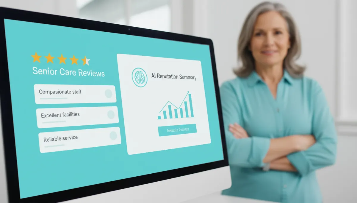 Dashboard showing senior care reviews and AI reputation summary