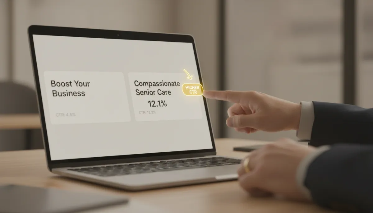 Marketer comparing performance of generic and care-specific senior care ad headlines on a laptop
