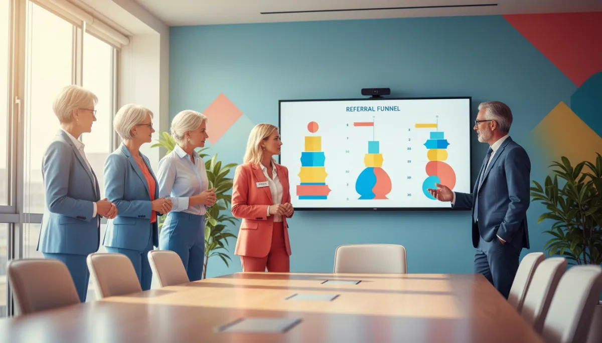 Senior living leaders collaborating with a consultant to improve referral pipelines