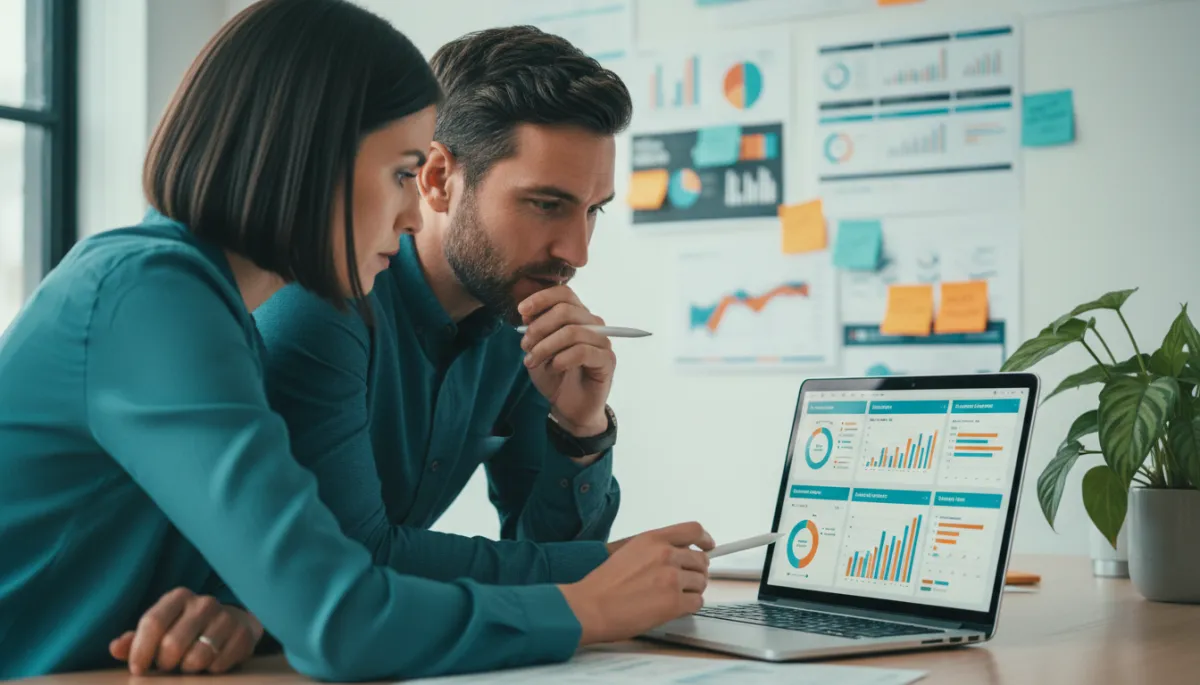 Senior living marketing leader reviewing referral pipeline performance data on a laptop