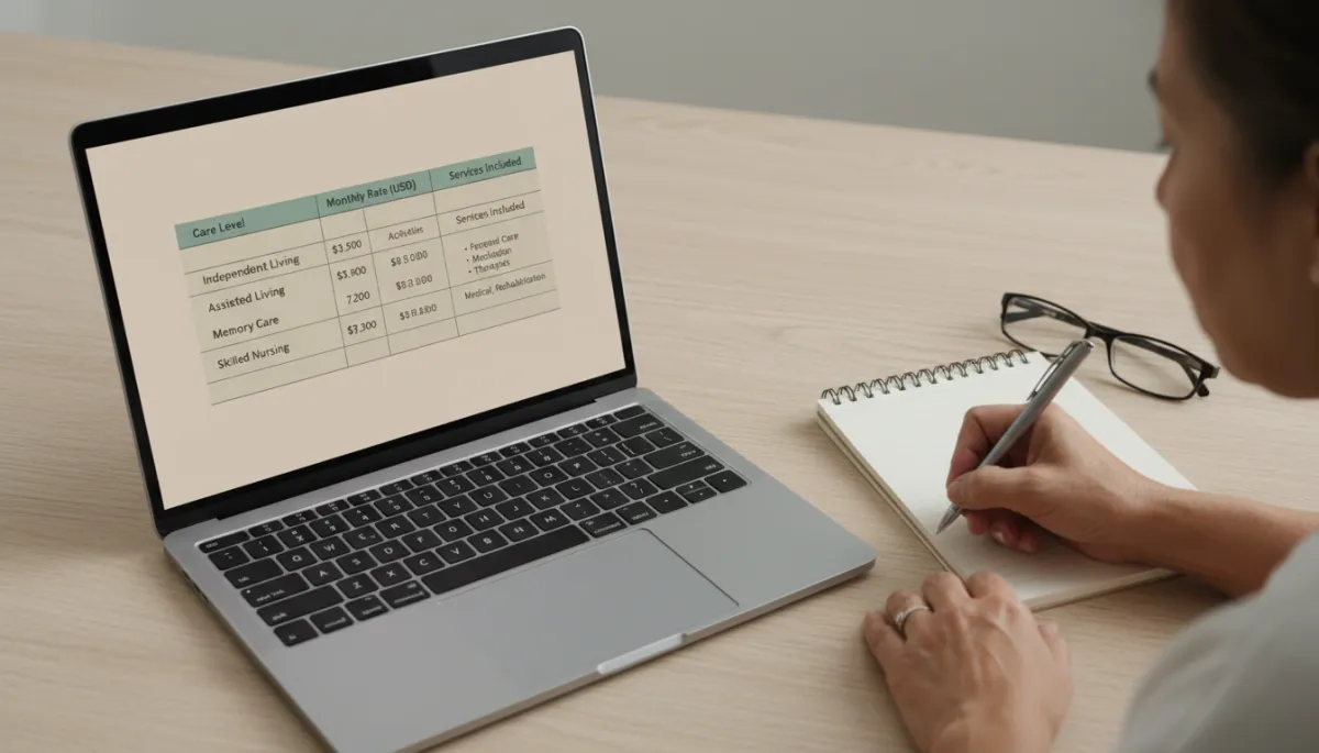 Family caregiver reviewing a clear senior living pricing table on a laptop Family caregiver reviewing a clear senior living pricing table on a laptop