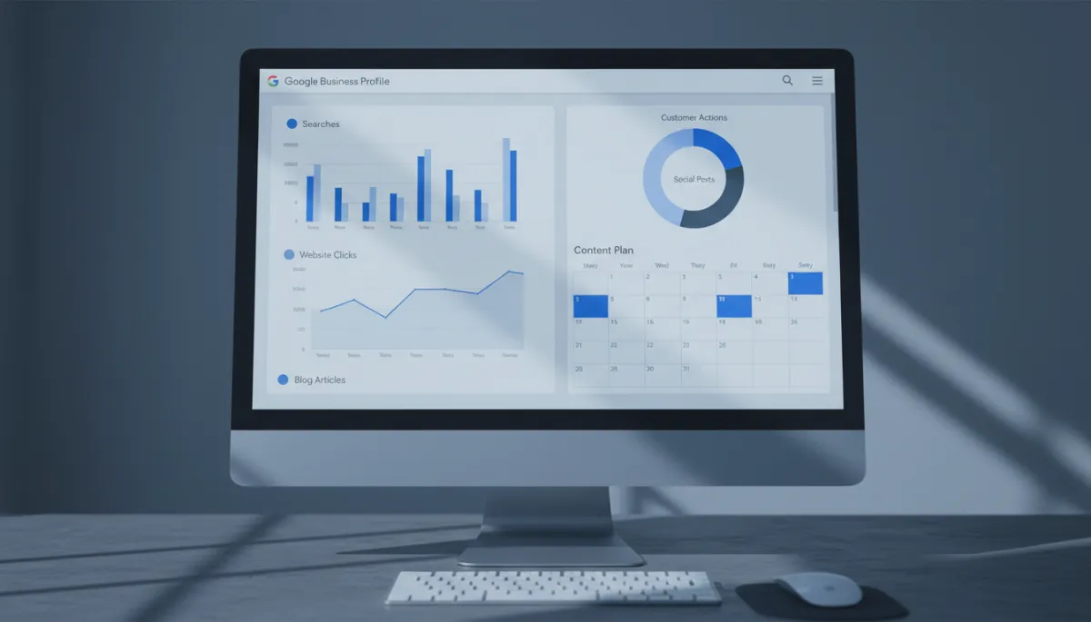 Google Business Profile insights dashboard with calendar plan in a cool shadows palette Google Business Profile insights dashboard with calendar plan in a cool shadows palette