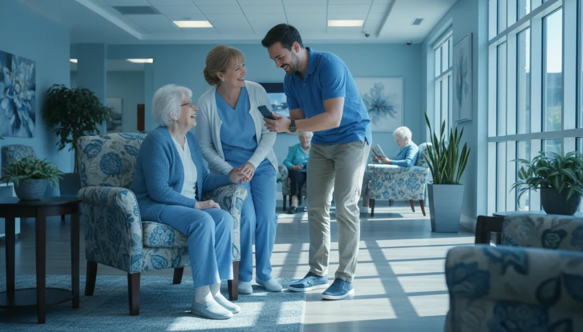 Senior care staff engaging with a resident while capturing new photos for Google Business Profile Senior care staff engaging with a resident while capturing new photos for Google Business Profile