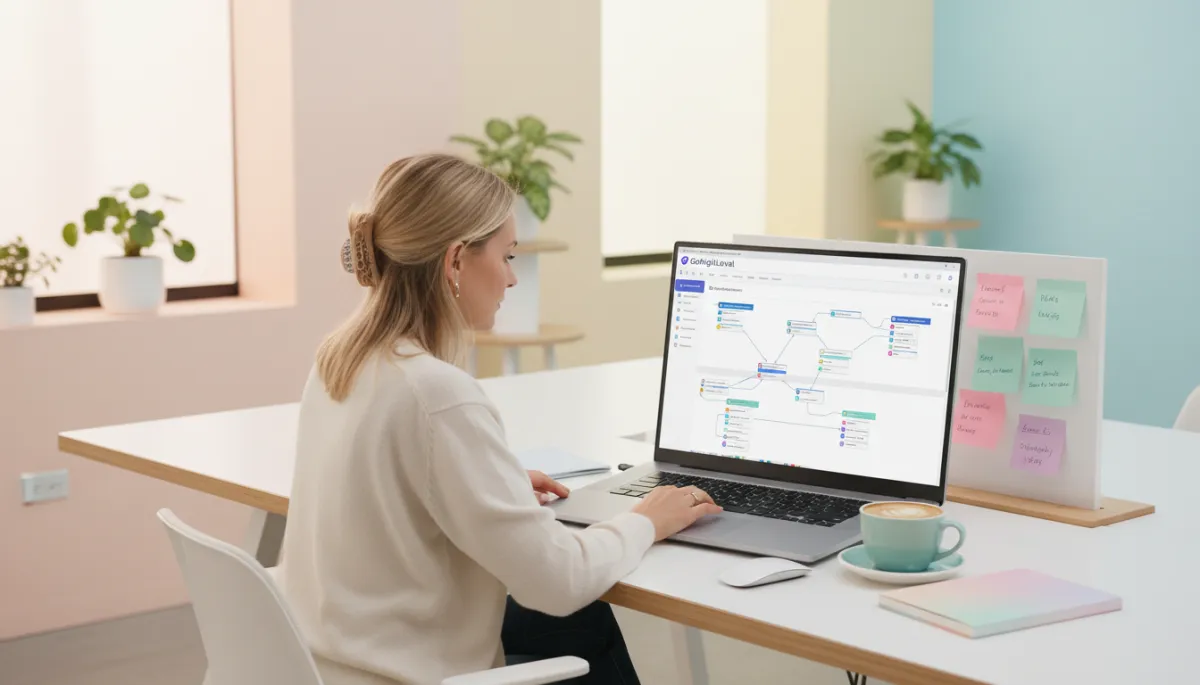 Marketer building a GoHighLevel lead automation workflow on a laptop Marketer building a GoHighLevel lead automation workflow on a laptop