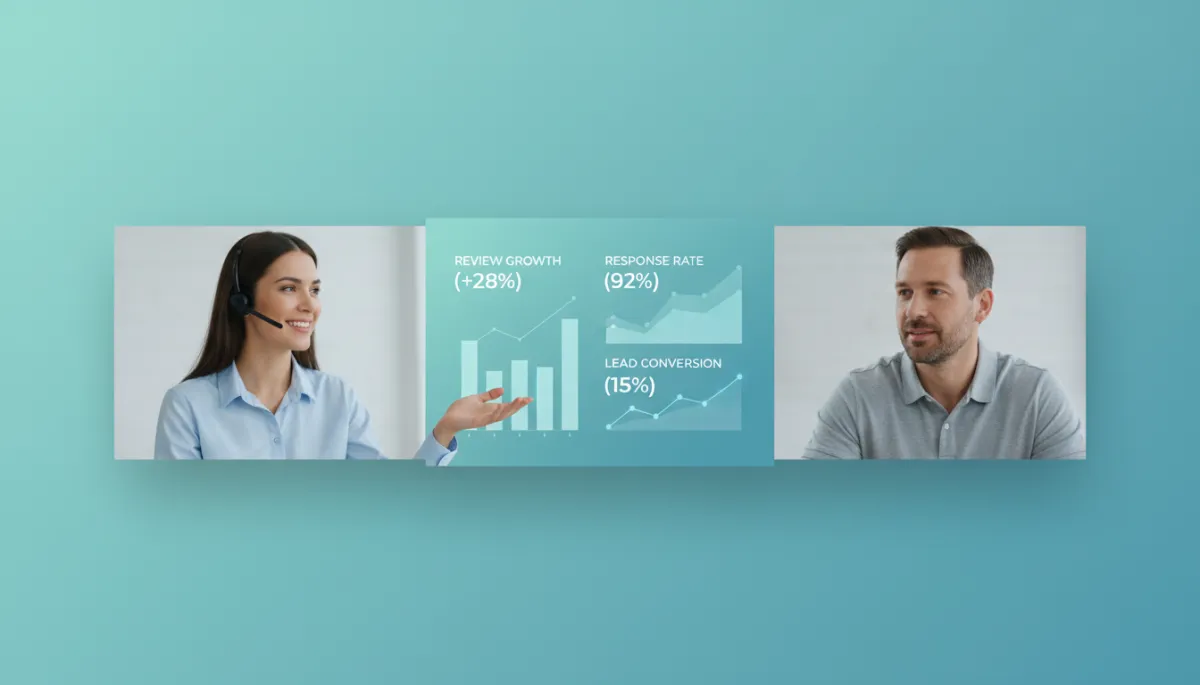 Consultant and business owner reviewing reputation and lead metrics on a video call Consultant and business owner reviewing reputation and lead metrics on a video call