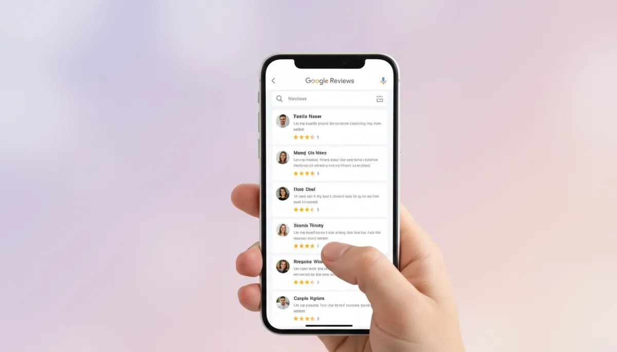 Smartphone displaying Google star ratings and reviews for a care community