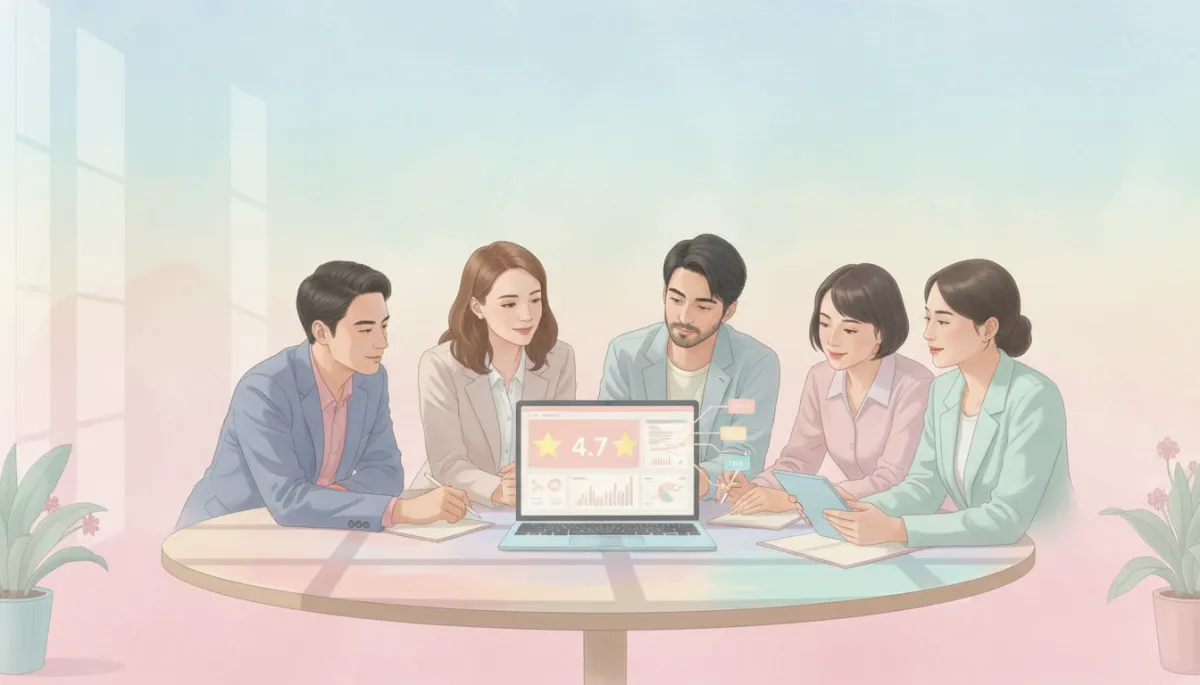Leadership team reviewing online reputation metrics together on a laptop