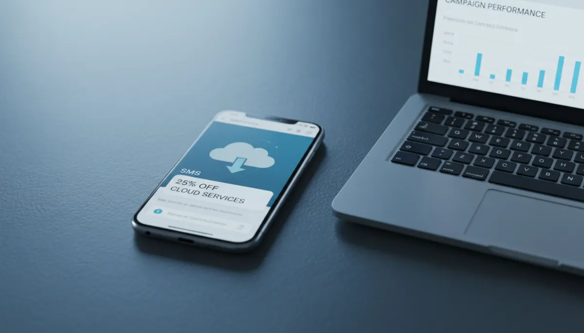 Smartphone showing a promotional SMS beside a laptop with email analytics