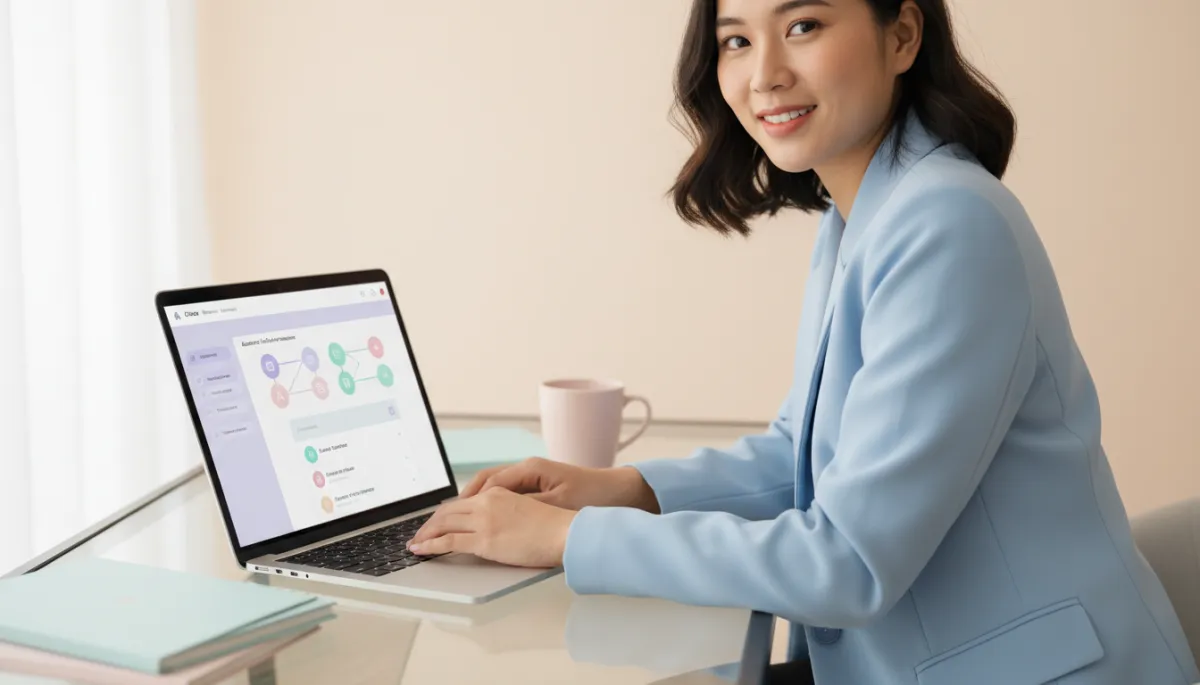 Sales professional using CRM to manage automated follow-ups in a pastel-toned office Sales professional using CRM to manage automated follow-ups in a pastel-toned office