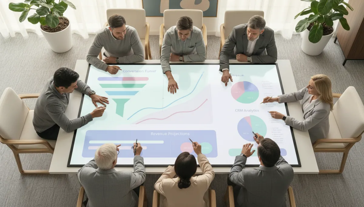 Sales team reviewing CRM analytics and sales optimization dashboards in a pastel office Sales team reviewing CRM analytics and sales optimization dashboards in a pastel office