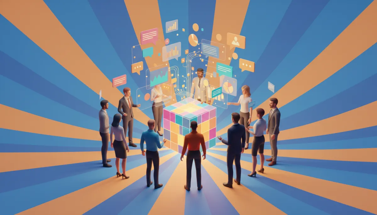 3D digital art of a team collaborating around a central CRM hub 3D digital art of a team collaborating around a central CRM hub