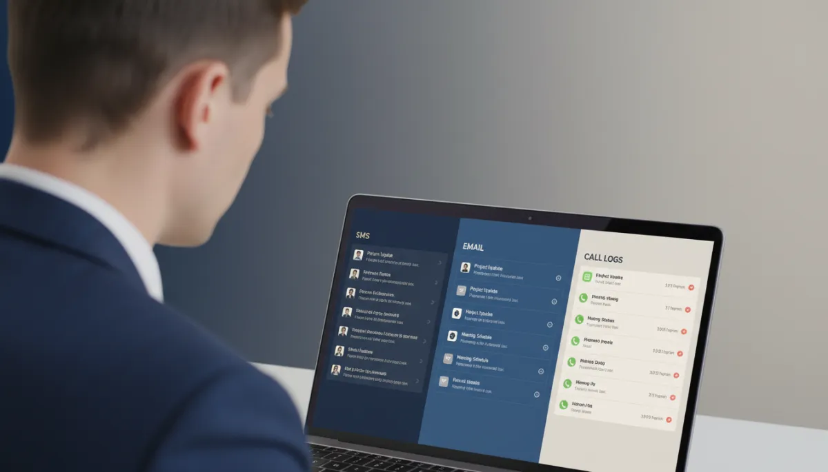 modern clean style close-up of a professional viewing a unified inbox on a laptop, showing organized SMS, email, and call logs in a timeless navy and neutral palette