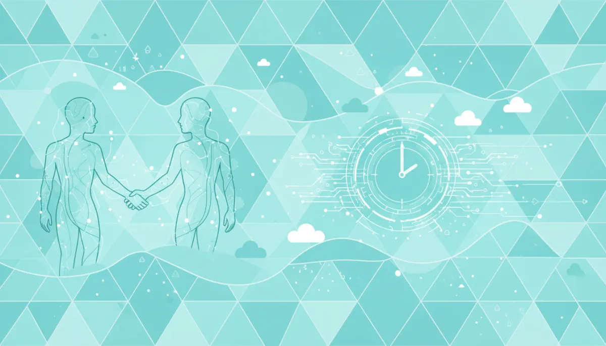 Mosaic illustration of people connected through AI in aqua tones