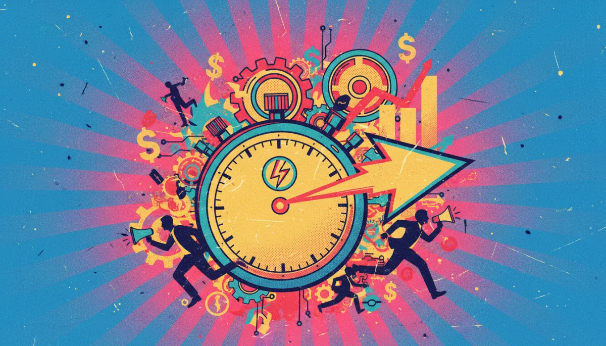 Retro illustration of a ringing phone with lightning bolts and stopwatch