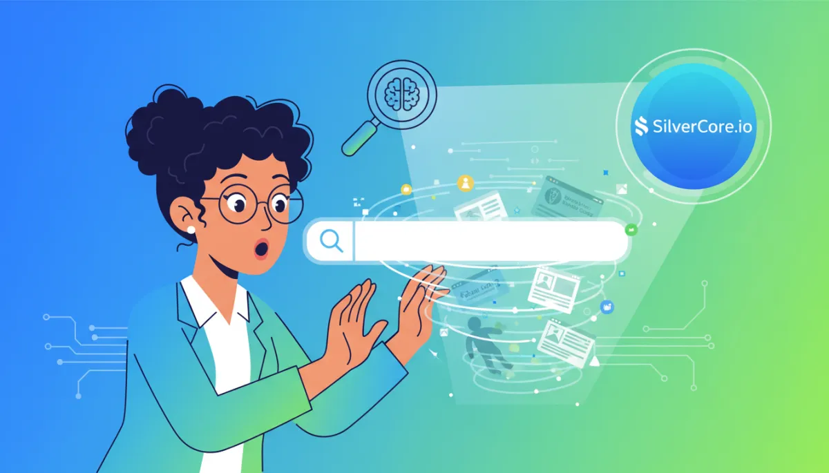 Business owner viewing laptop with AI recommendations, missing brand logo