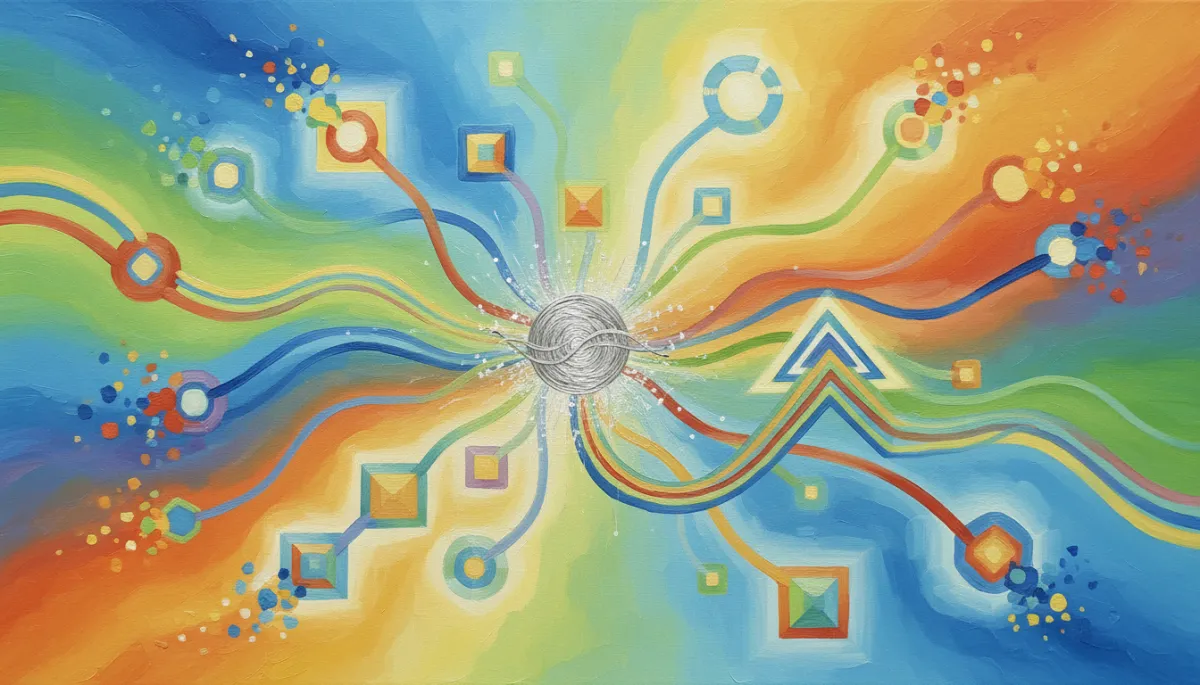 Oil painting of a city skyline at sunrise with glowing connections