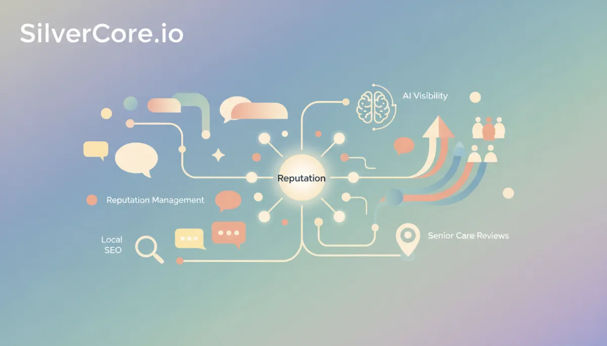 Artistic illustration of speech bubbles, review stars, and location pins around a storefront