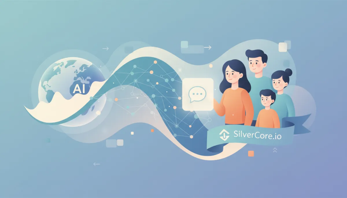 Family using devices with AI chat bubbles and senior care director viewing analytics