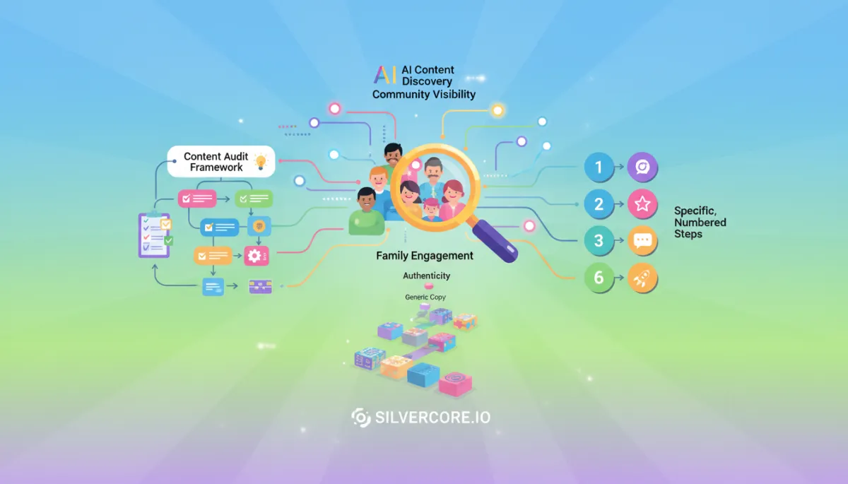 Diverse families and educators around a content checklist with colorful icons