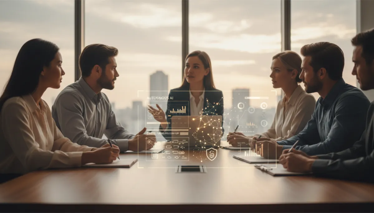 Senior care director in meeting with AI dashboard on laptop