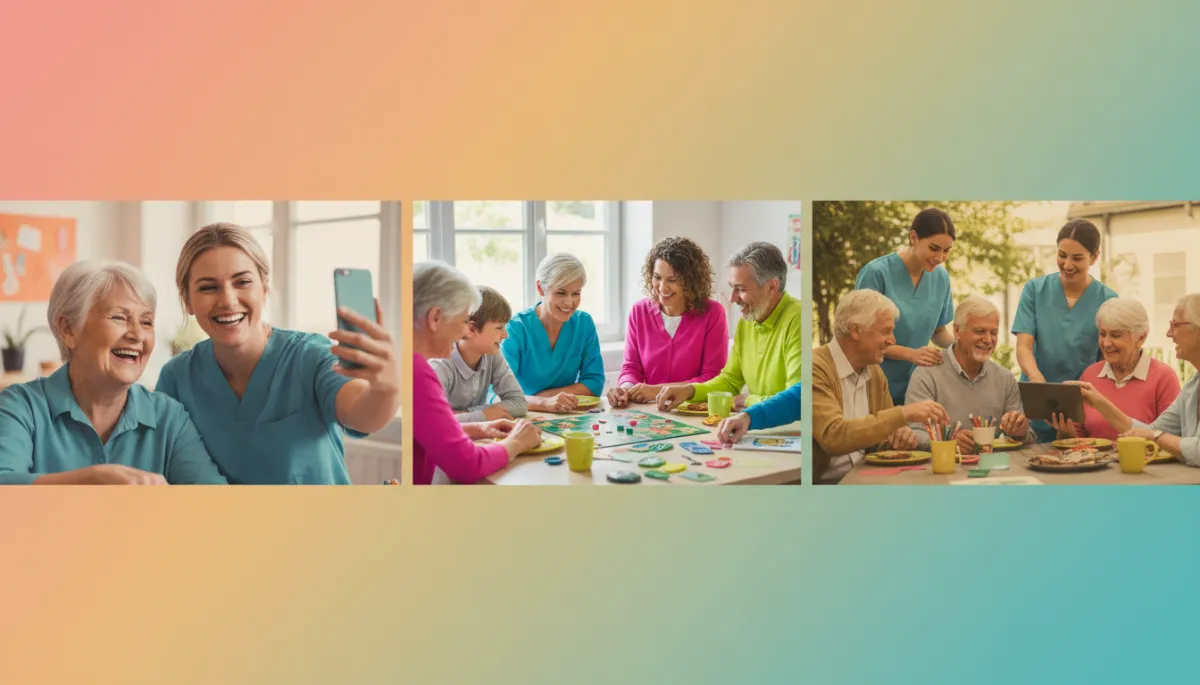 Cheerful senior care community common area with residents and staff