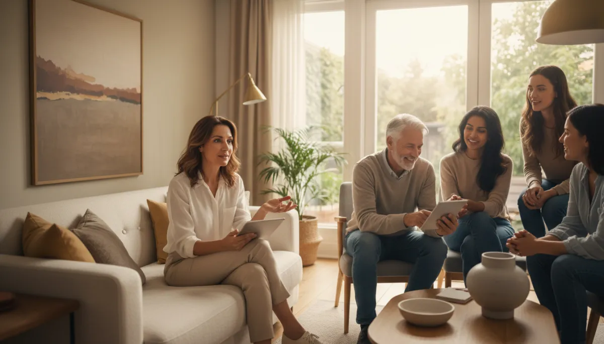 Diverse family discussing senior living options at a table