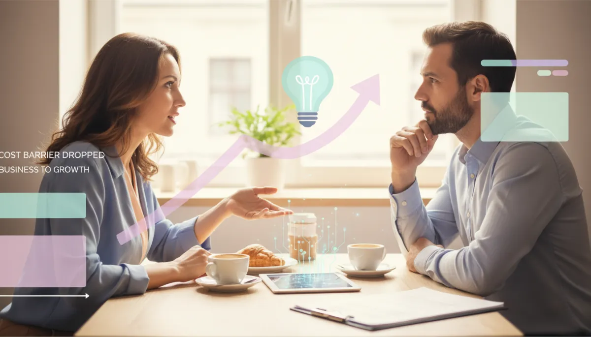Two entrepreneurs lunching with a laptop showing CRM dashboard