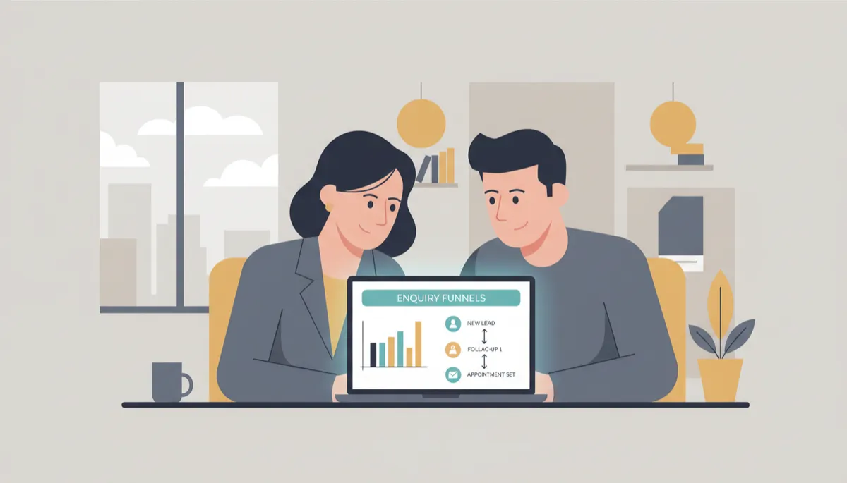 Clinic manager and consultant reviewing enquiry and follow-up performance on a laptop in a neutral-toned office Clinic manager and consultant reviewing enquiry and follow-up performance on a laptop in a neutral-toned office