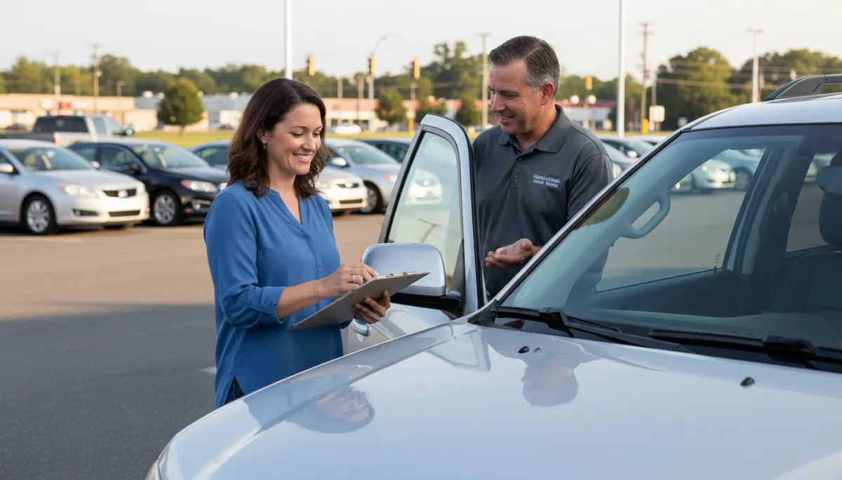 Photorealistic scene of a shopper reviewing a used SUV with a local Waycross dealer