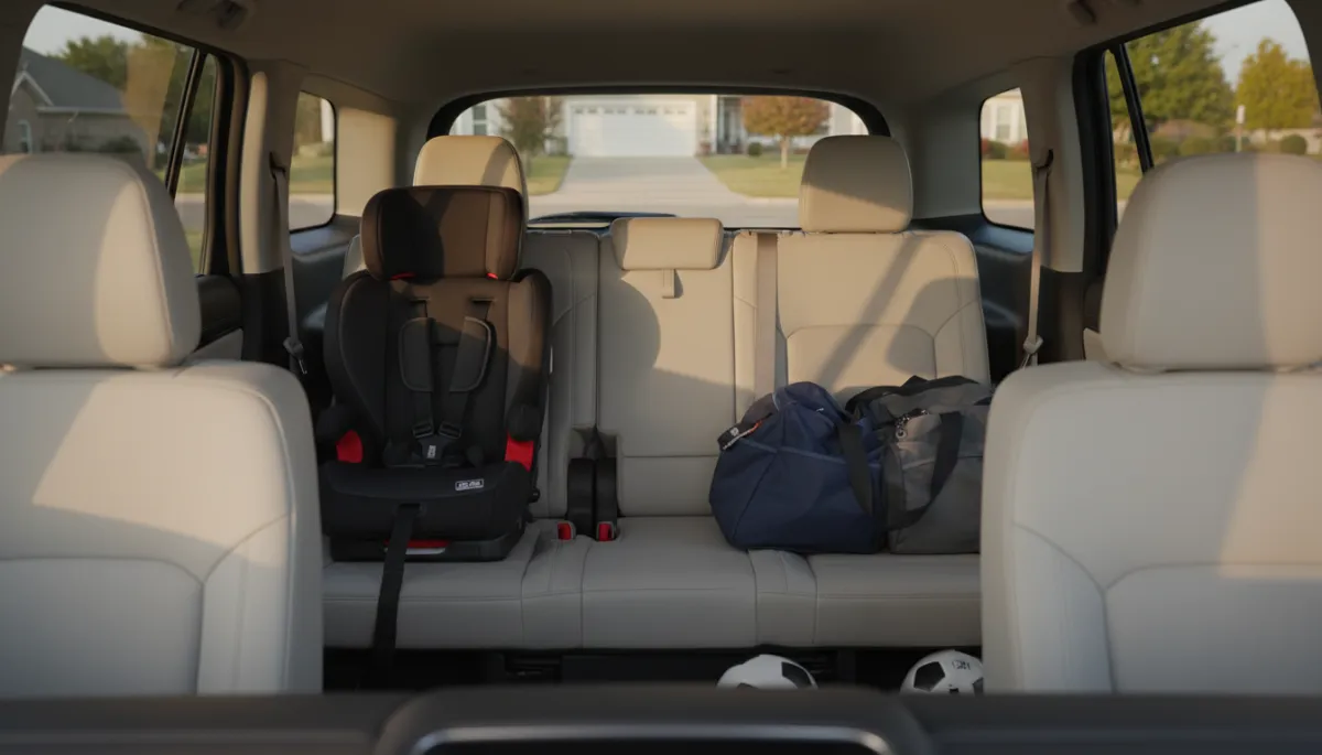 Interior of a three-row SUV with seats and cargo arranged for a family trip
