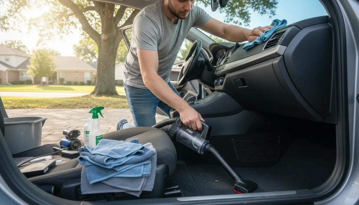 Driver cleaning and detailing their car interior before a trade-in appraisal