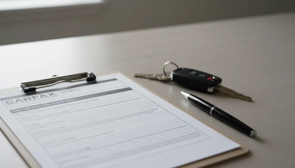 Printed vehicle history report on a clipboard beside car keys