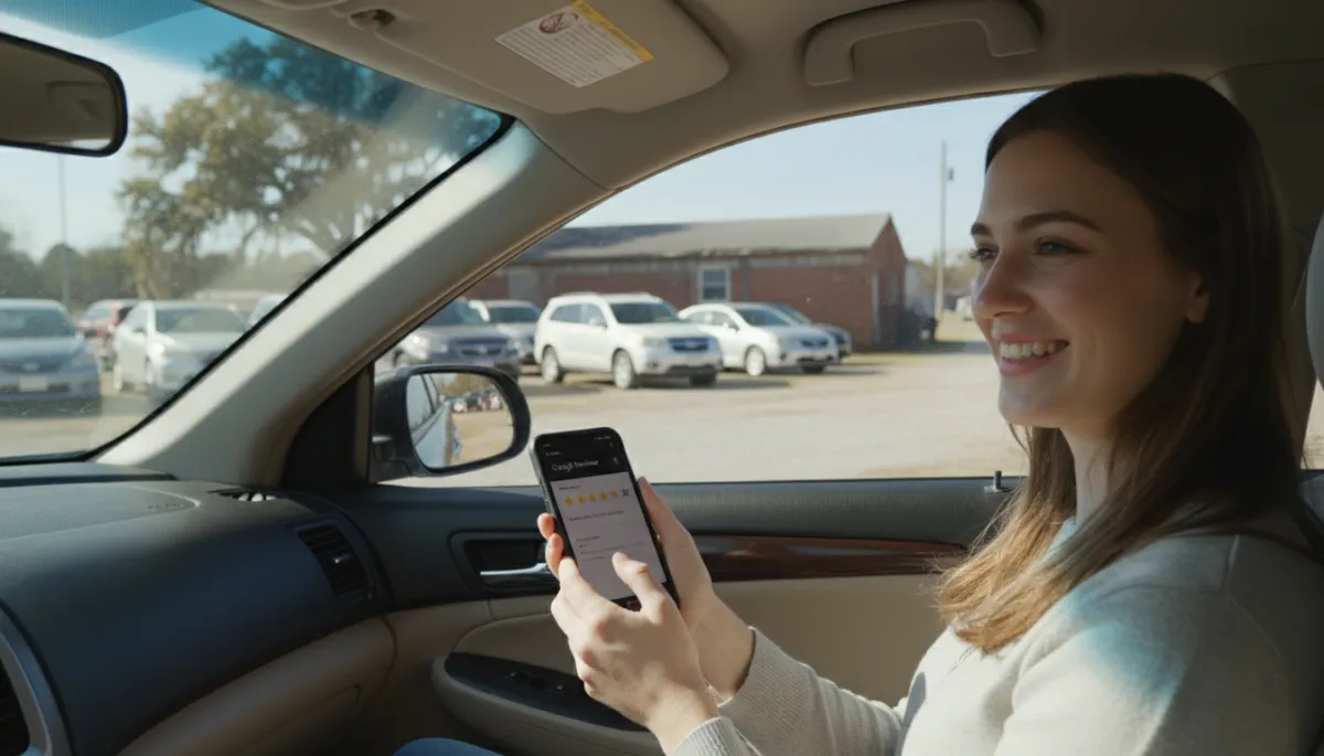 Customer leaving a Google review on their phone after buying a used car