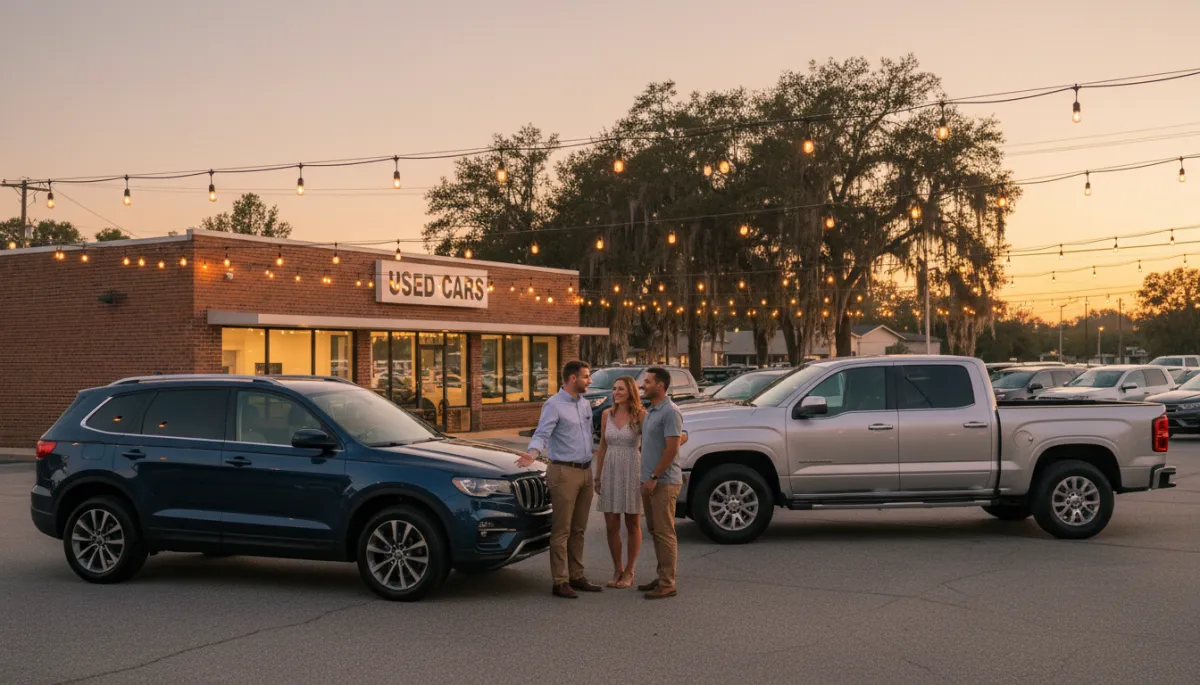 photorealistic warm and inviting early evening scene at a small Southern town used car lot in Waycross GA, string lights over the lot, friendly salesperson chatting with a smiling couple beside a clean pre-owned SUV and pickup truck, brick dealership building with large windows and 'Used Cars' sign, soft golden sunlight and a few trees in the background