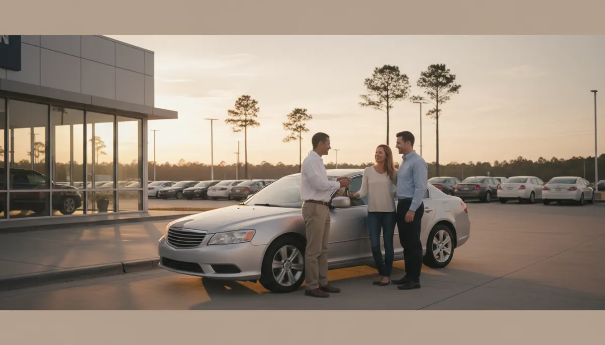 photorealistic neutral-tone car lot at sunset in Waycross GA, friendly salesperson handing keys to smiling customer couple beside a clean used sedan, dealership building and pine trees in background