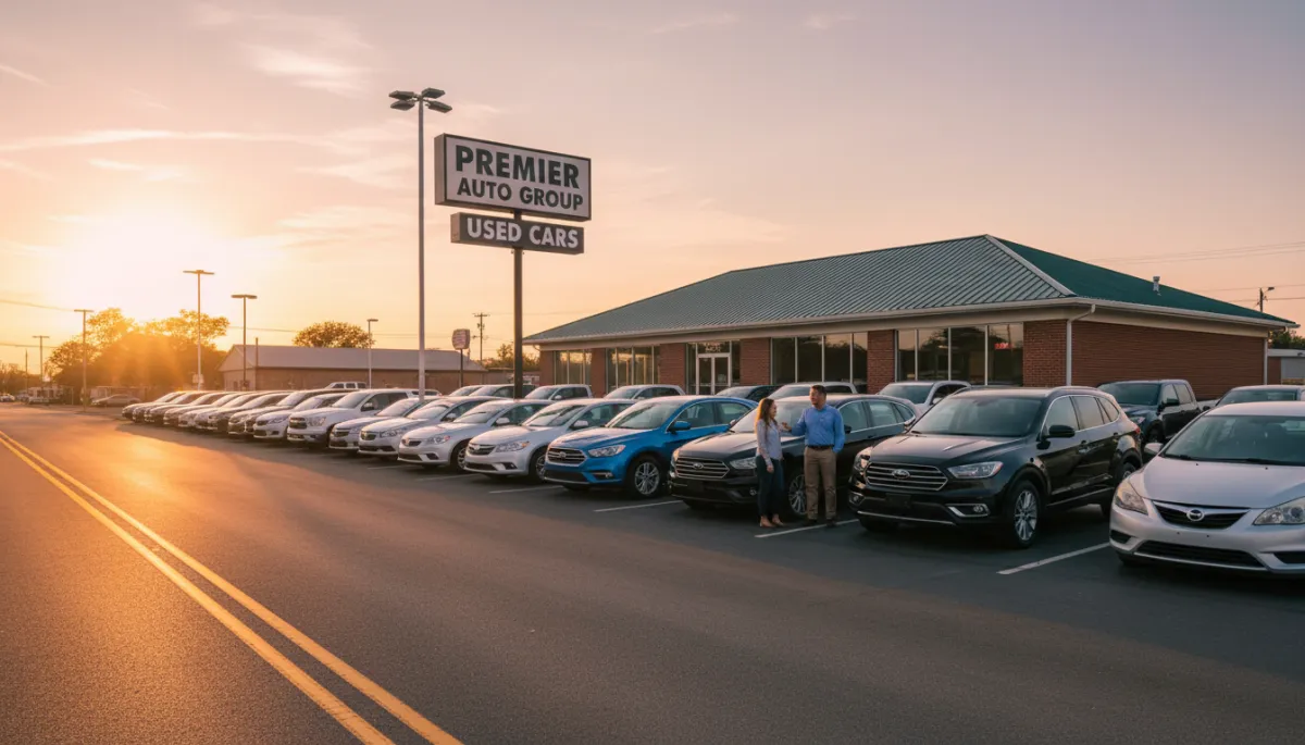 photorealistic wide shot of a clean used car lot along a Southern small-city roadway at sunset, with rows of late-model sedans, trucks, and SUVs parked in front of a low brick dealership building, Memorial Drive style signage visible, warm neutral lighting and a few customers walking the lot with a friendly salesperson