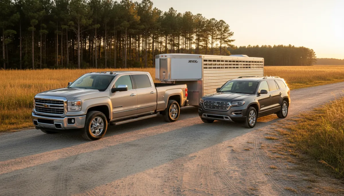 photorealistic wide shot of a neutral-colored pickup truck hitched to a livestock trailer and a three-row SUV parked beside it on a rural South Georgia farm road at sunset, pine trees and pasture in background, clean dealership-quality look