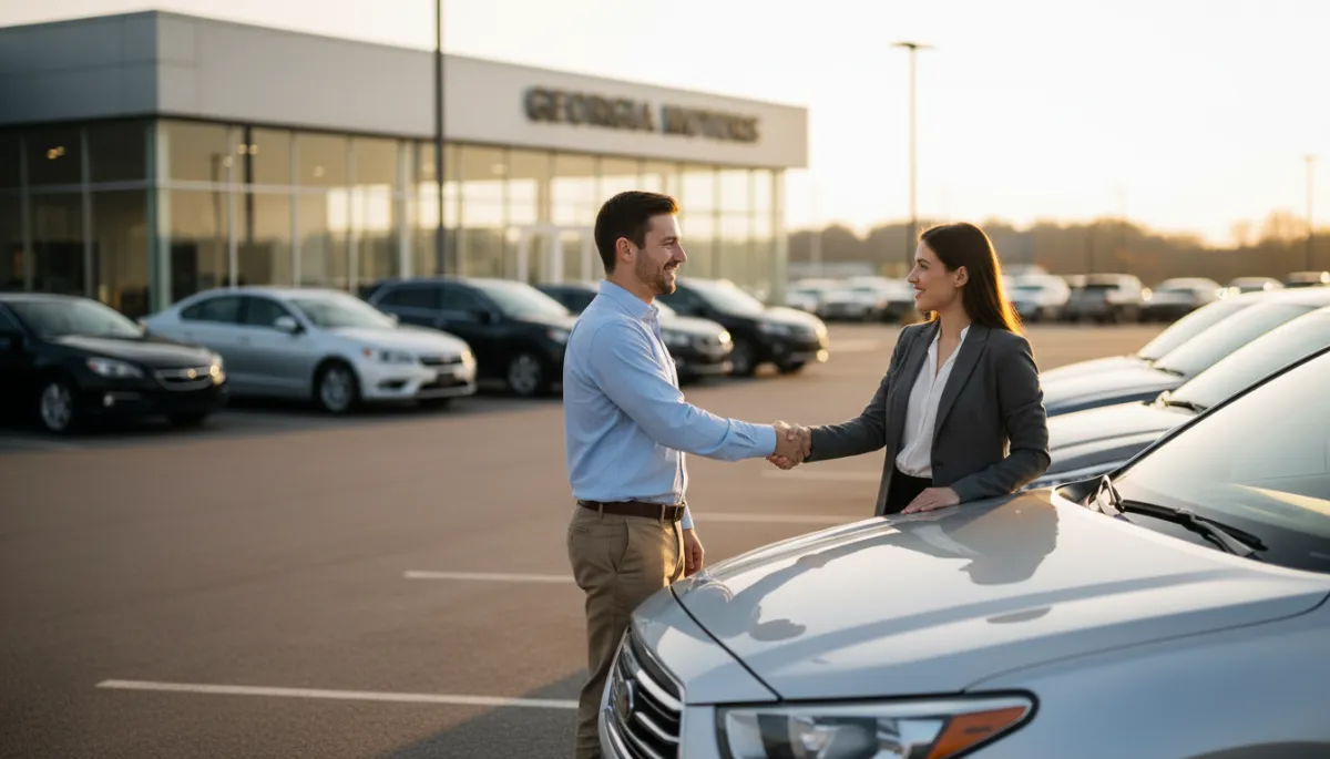 photorealistic scene of a customer and salesperson shaking hands beside a clean used SUV at a Georgia car lot, neutral color palette, late afternoon light, dealership building and rows of vehicles in soft focus behind them