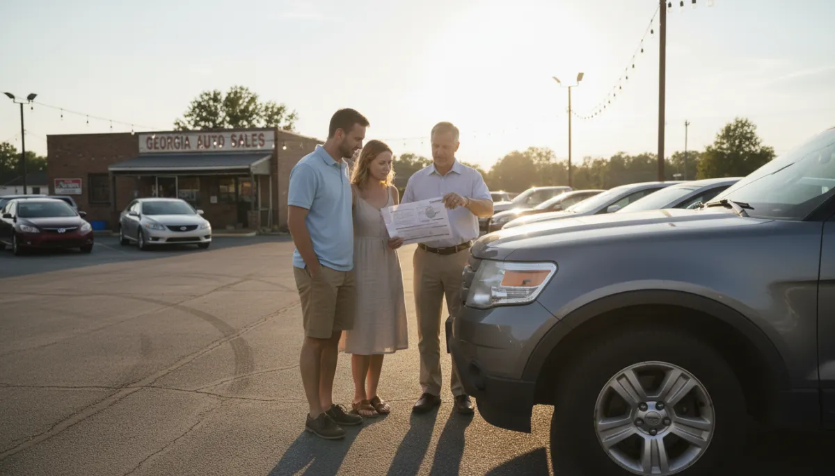 photorealistic scene of a couple with a local car dealer reviewing a printed vehicle history report next to a used SUV in a small-town Georgia dealership lot, neutral color palette, late afternoon light
