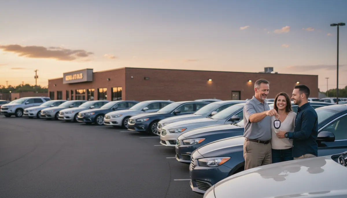 photorealistic scene of a friendly car salesperson handing keys to a smiling couple in front of a row of clean used sedans and SUVs at a small-town Georgia dealership, neutral colors and soft evening light