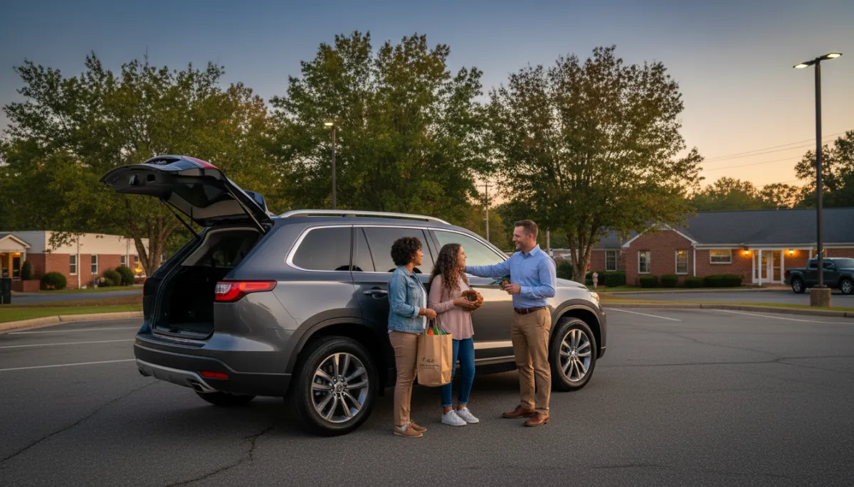 photorealistic early evening scene at a small-town Georgia dealership lot in neutral colors, diverse family of four standing beside a clean late-model SUV, salesperson pointing to the spacious cargo area, soft warm lighting, trees and low buildings in the background