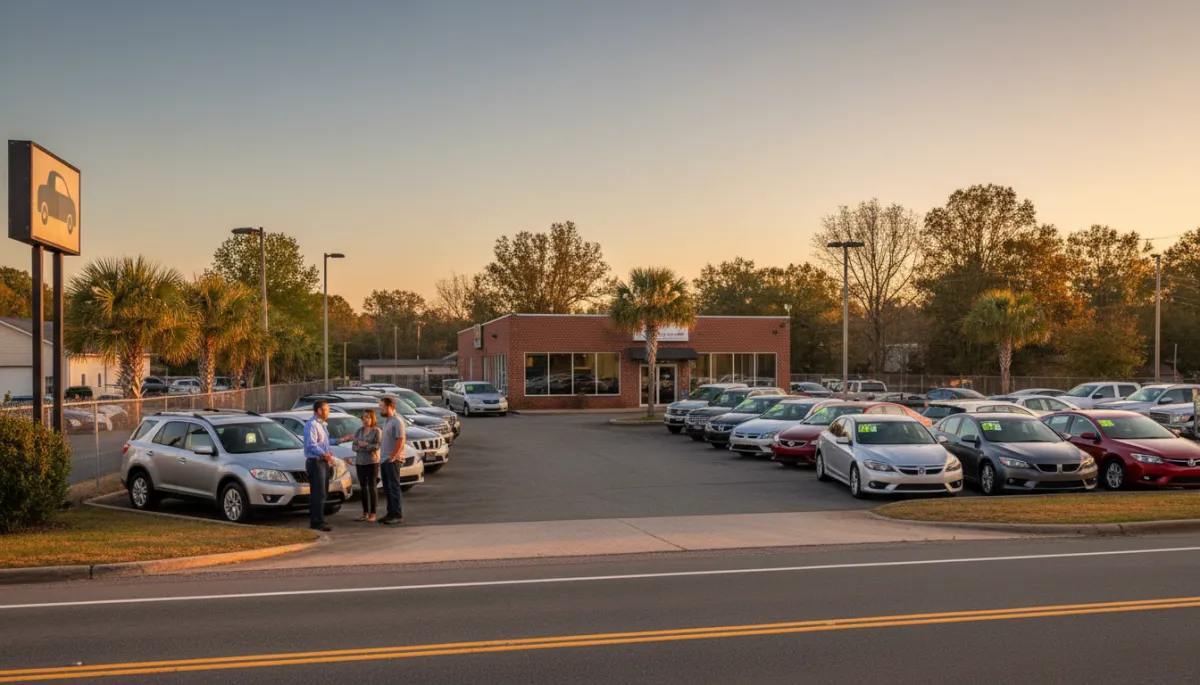photorealistic early evening scene at a small-town Georgia used car lot, rows of clean pre-owned sedans and trucks with price tags on windshields, a friendly salesperson talking with a couple near a silver SUV, warm neutral lighting and clear sky