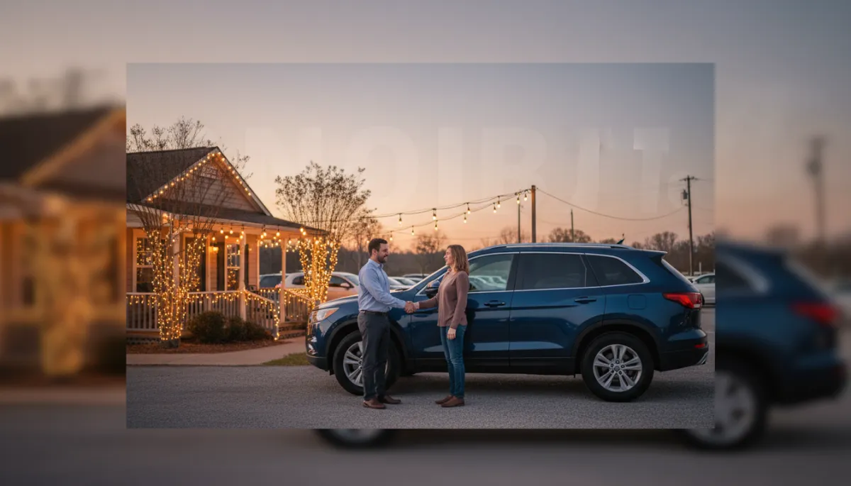 photorealistic early evening scene at a small independent used car lot in South Georgia, sales manager and customer shaking hands next to a clean used SUV, dealership office and string lights in the background, neutral color palette, subtle text overlay on the sky area
