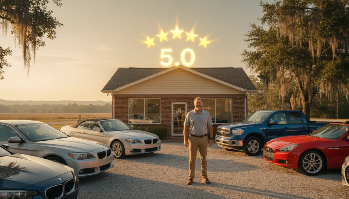 photorealistic scene of a friendly independent car dealer owner standing in front of a small but clean used car lot in South Georgia at golden hour, visible Google star rating overlay above the building showing 5.0 stars, neutral color palette, warm natural light