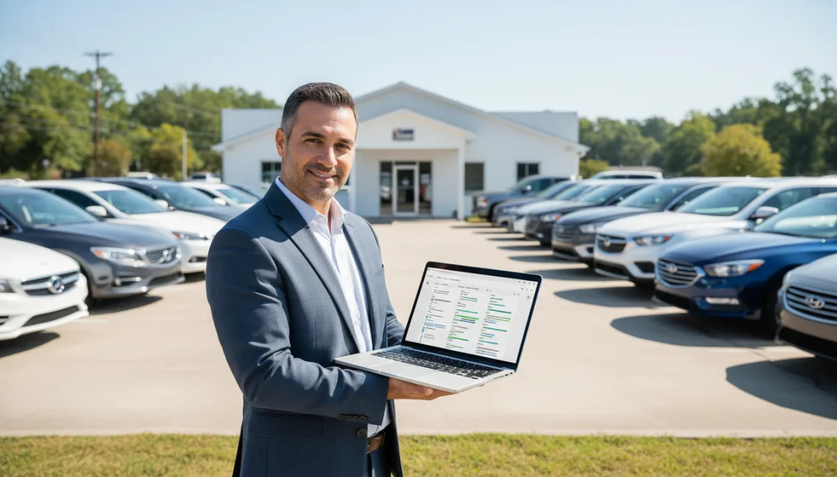 professional automotive business style photo of a South Georgia used car dealer standing in front of a small lot with late-model vehicles, looking at a laptop showing lead follow-up messages and call reminders, neutral color palette, bright daytime lighting
