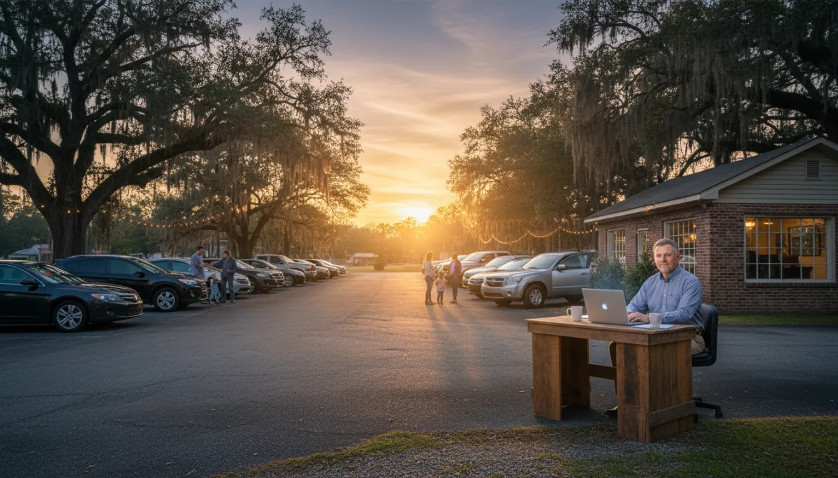 professional automotive business style scene showing a small independent South Georgia used car lot at sunset, owner reviewing leads on a laptop while customers browse vehicles, subtle neutral color palette, confident and modern look